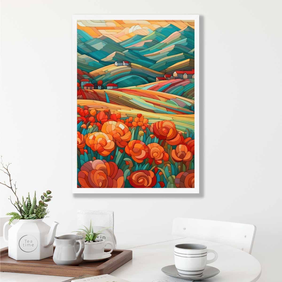 Farbenfrohe Landschaft mit roten Blumen, abstraktes Gemälde, Kunstdruck