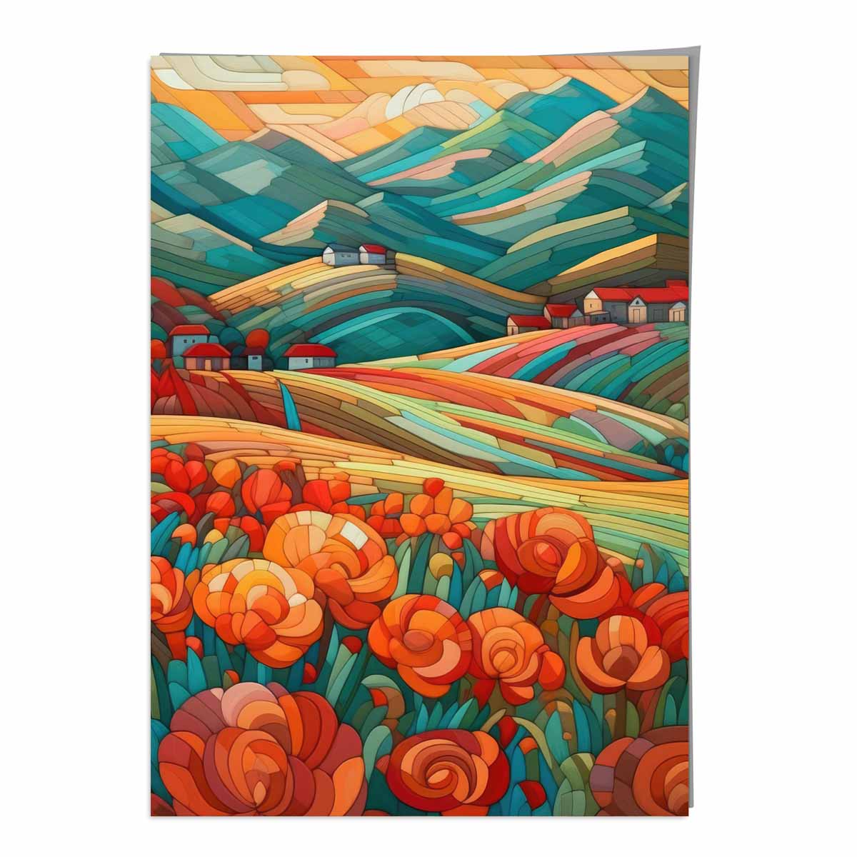 Farbenfrohe Landschaft mit roten Blumen, abstraktes Gemälde, Kunstdruck