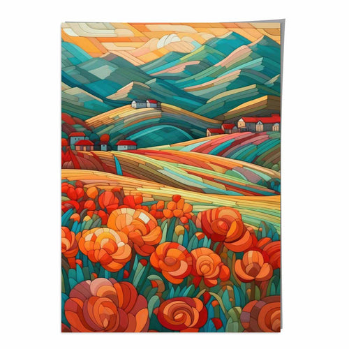 Farbenfrohe Landschaft mit roten Blumen, abstraktes Gemälde, Kunstdruck