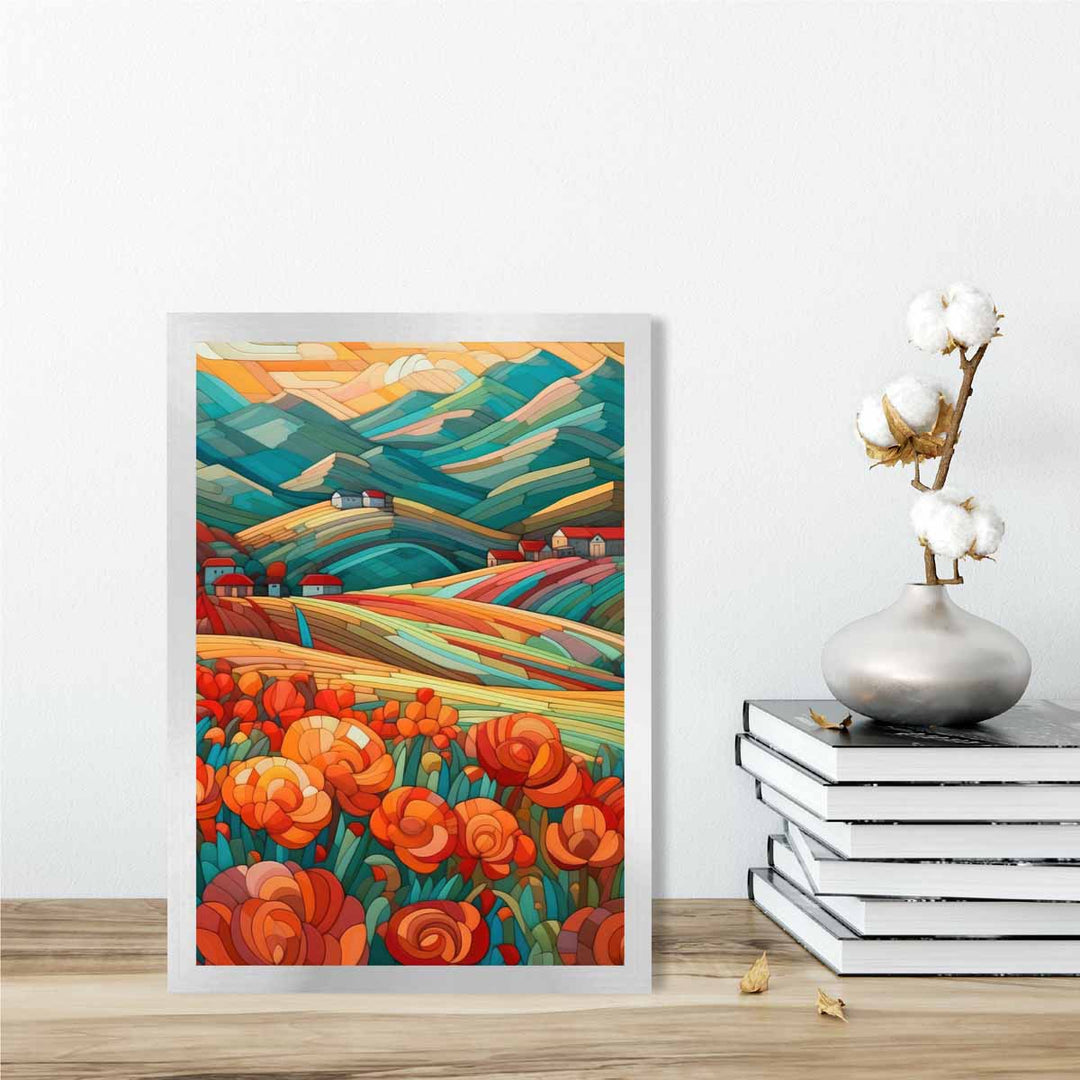 Farbenfrohe Landschaft mit roten Blumen, abstraktes Gemälde, Kunstdruck