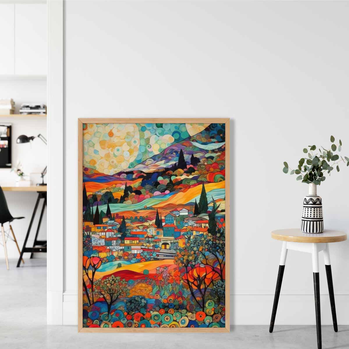 Farbenfrohes abstraktes Gemälde im Mosaikstil mit urbaner Landschaft als Kunstdruck