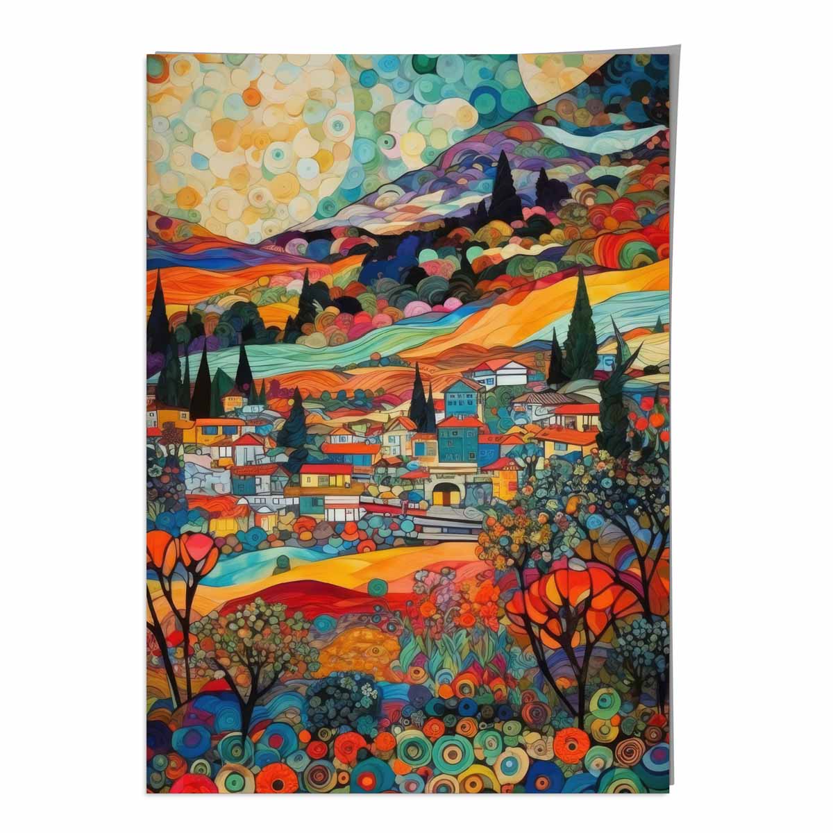 Farbenfrohes abstraktes Gemälde im Mosaikstil mit urbaner Landschaft als Kunstdruck