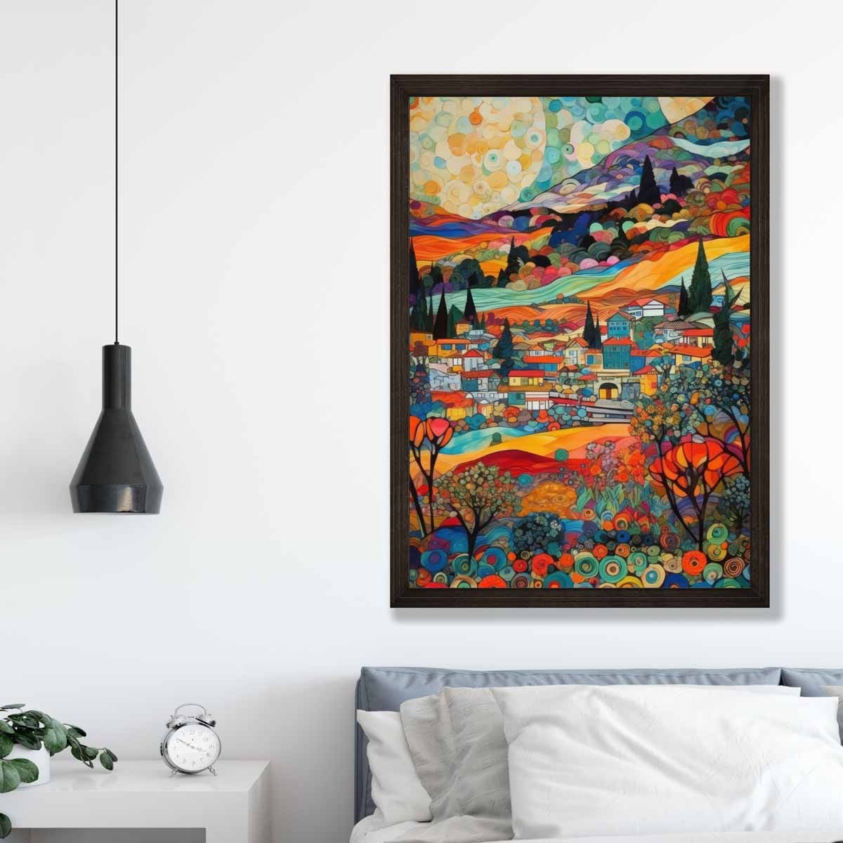 Farbenfrohes abstraktes Gemälde im Mosaikstil mit urbaner Landschaft als Kunstdruck