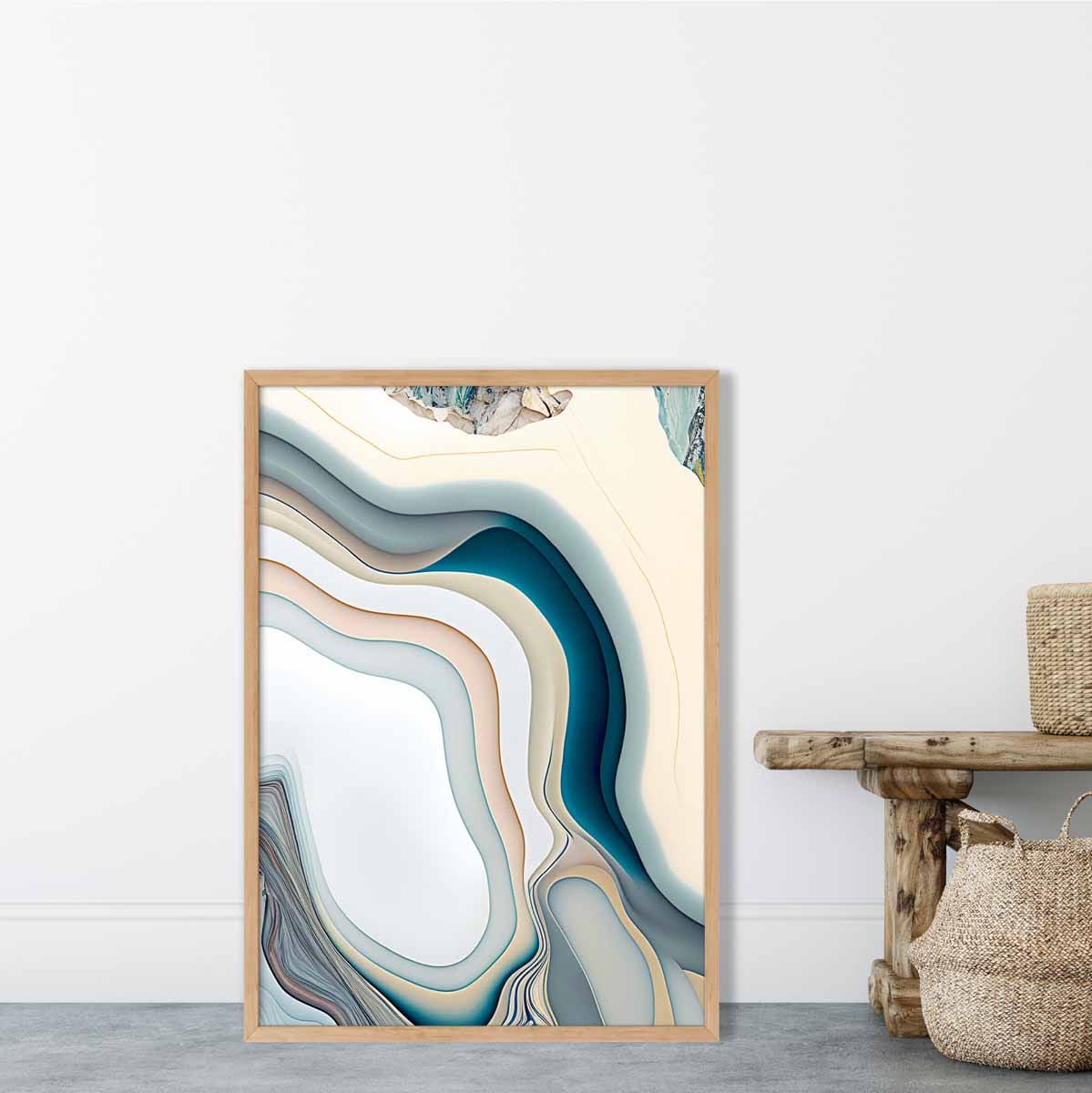 Abstrakter zeitgenössischer Kunstdruck in Beige und Blau Nr. 2