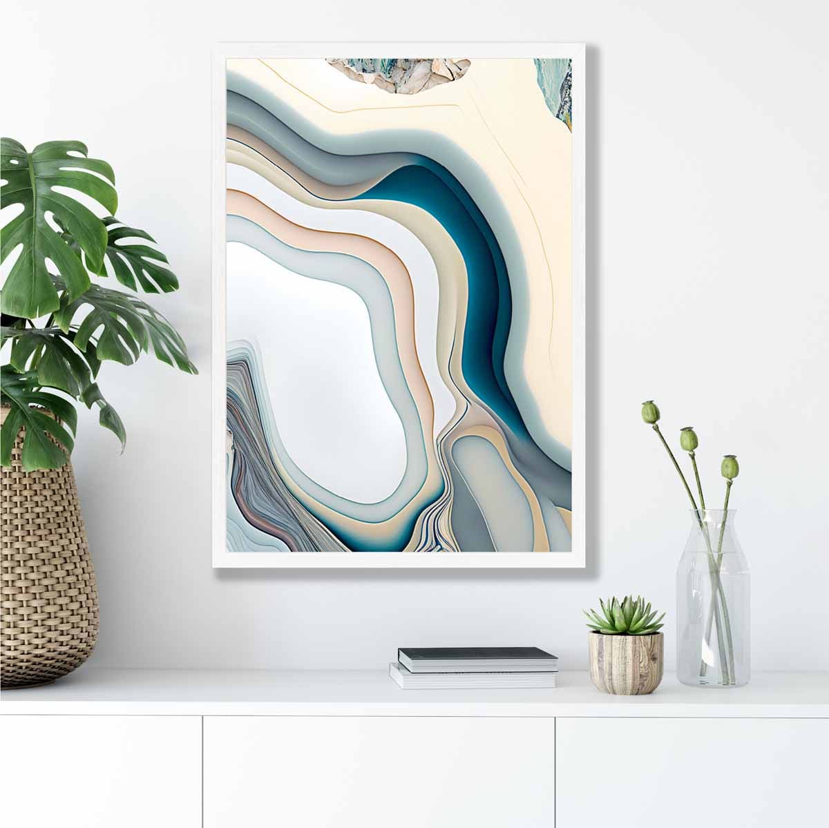 Abstrakter zeitgenössischer Kunstdruck in Beige und Blau Nr. 2