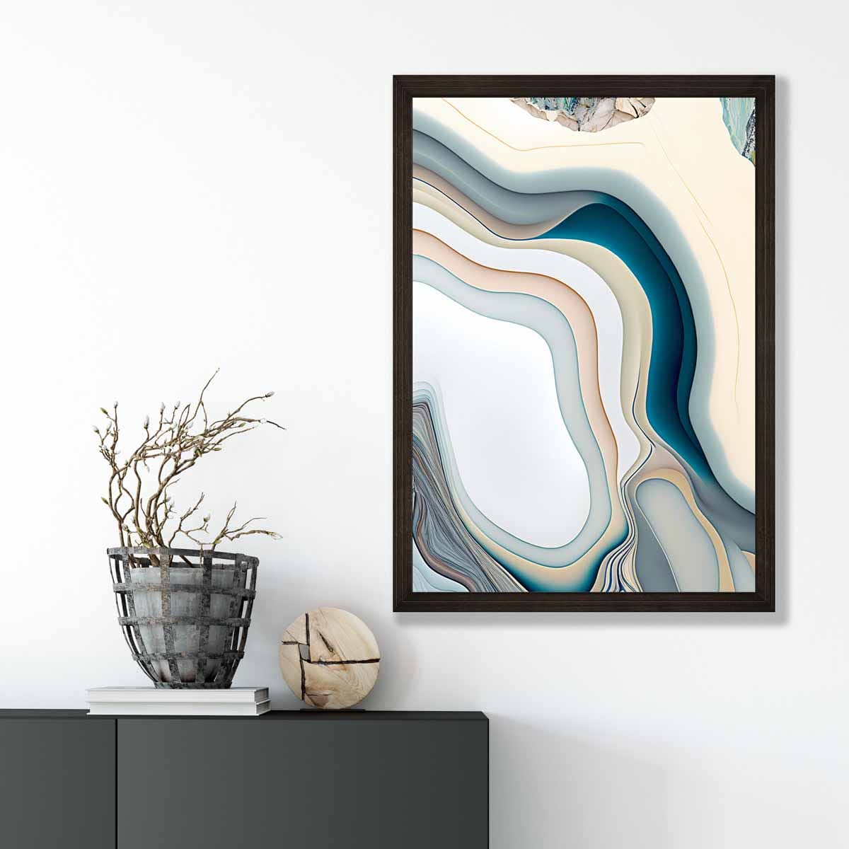 Abstrakter zeitgenössischer Kunstdruck in Beige und Blau Nr. 2