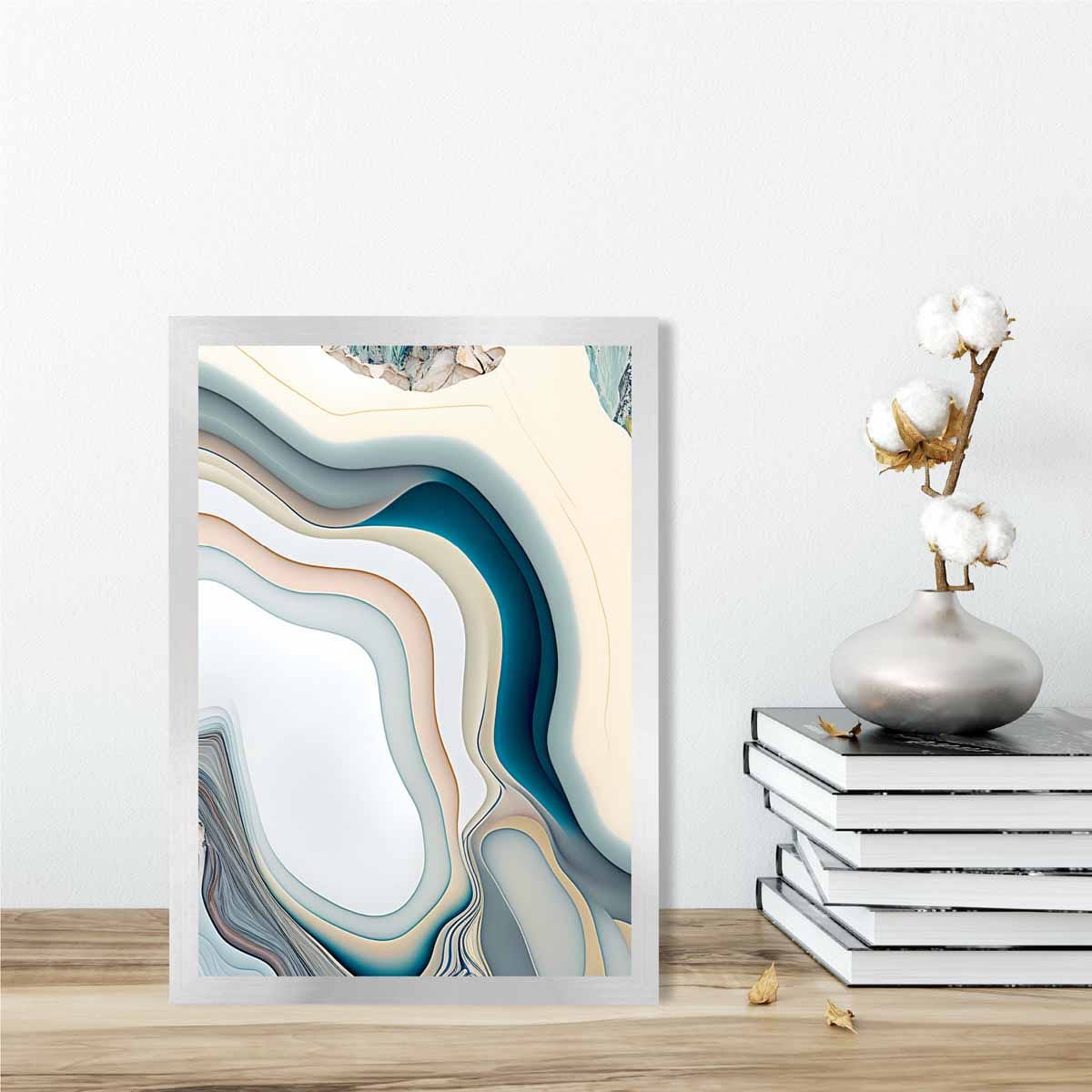 Abstrakter zeitgenössischer Kunstdruck in Beige und Blau Nr. 2