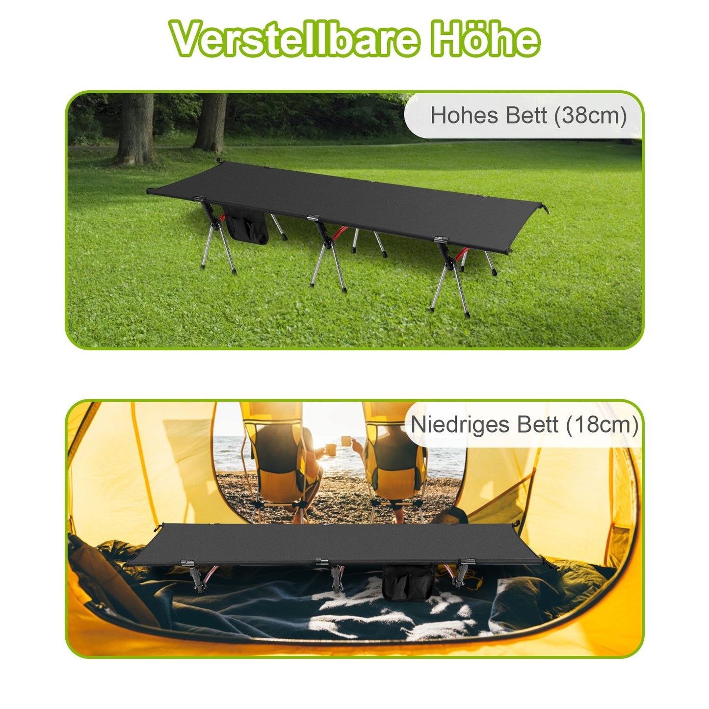 Feldbett Schwarz Klappbett Campingbett Höhenverstellbar | Karnz