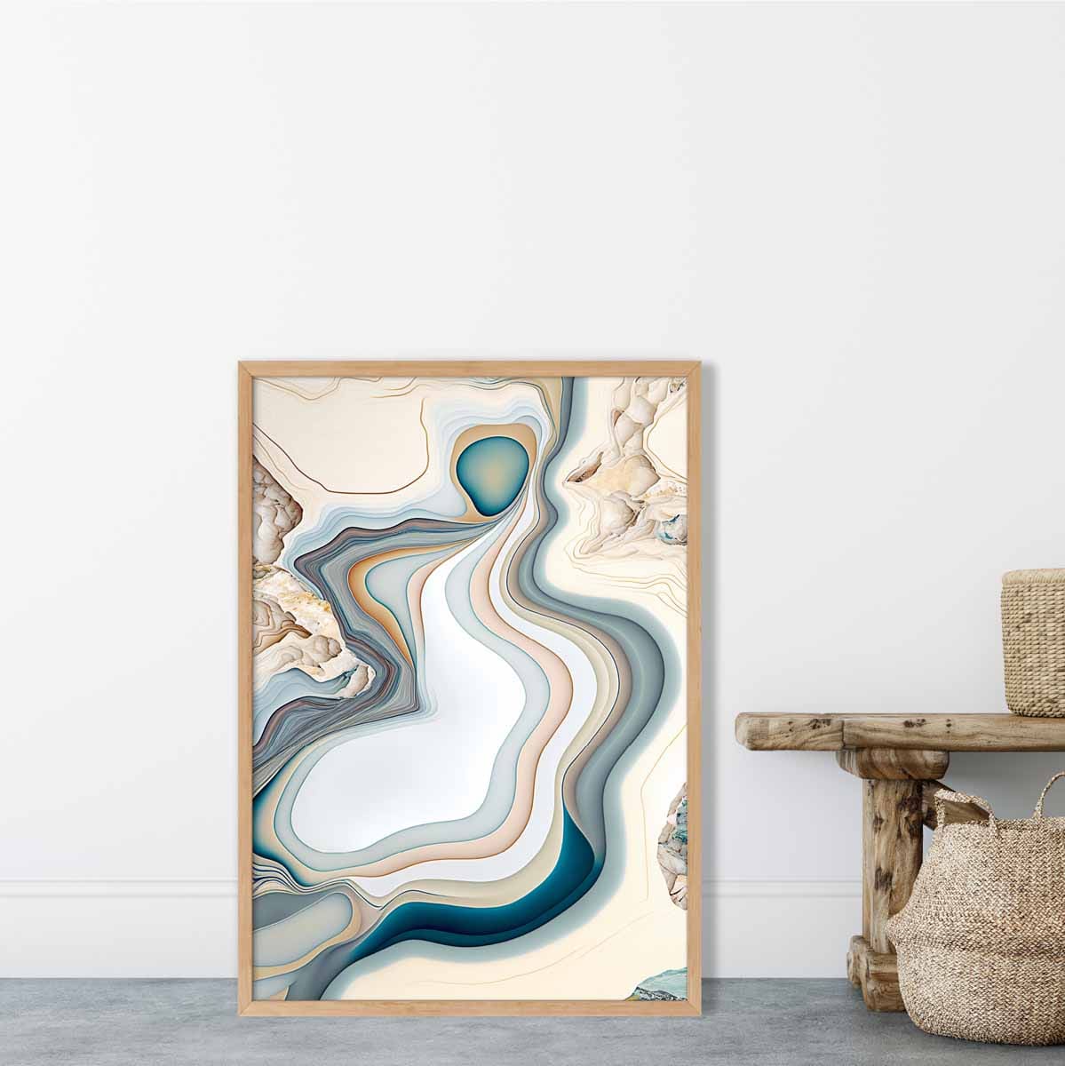 Abstrakter Kunstdruck im zeitgenössischen Stil in Beige und Blau Nr. 3