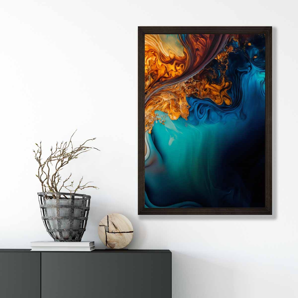 Abstrakte Flüssigkunstdrucke in Blau und Orange Nr. 4