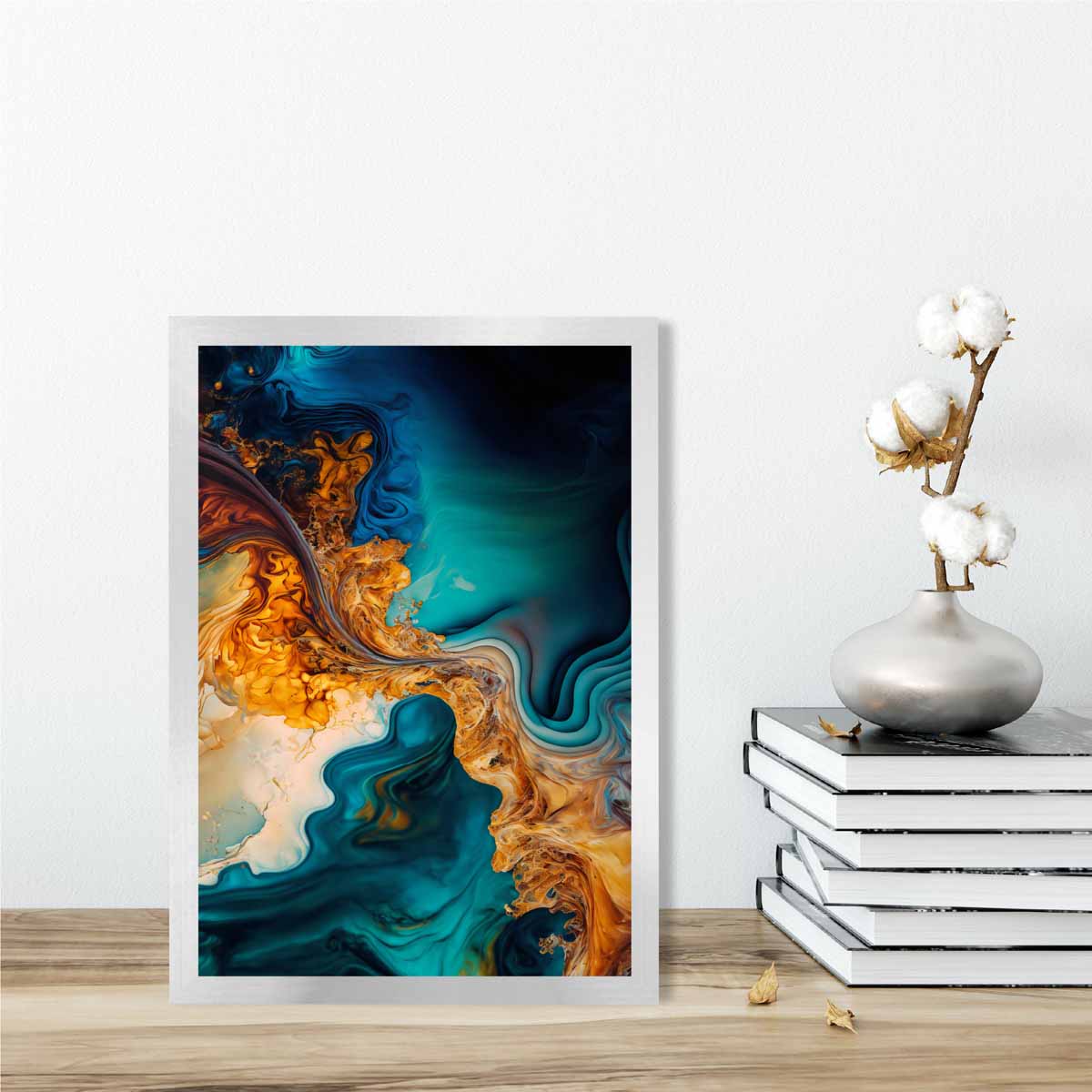 Abstrakte Fluid-Art-Drucke in Blau und Orange Nr. 5