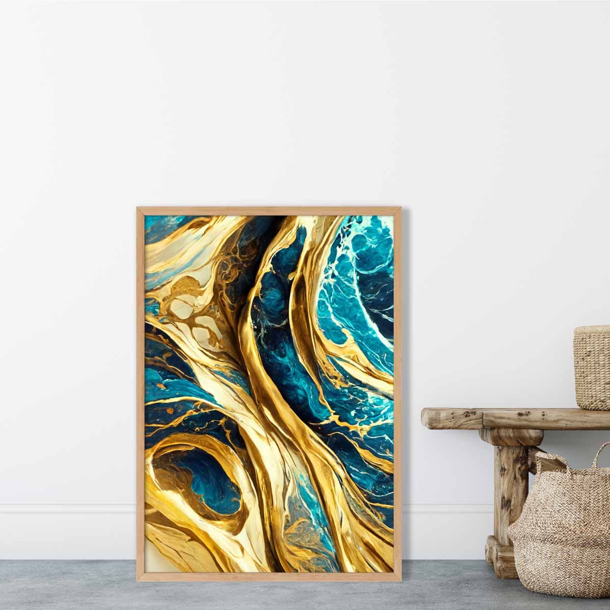 Abstrakter Kunstdruck: Wellen in Blau-Gold-Effekt