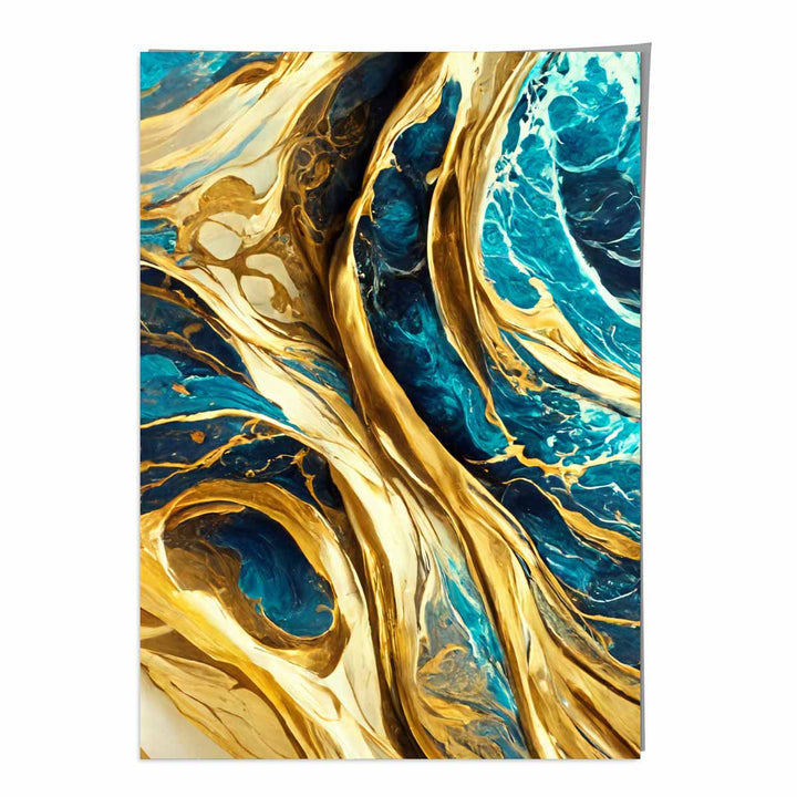 Abstrakter Kunstdruck: Wellen in Blau-Gold-Effekt