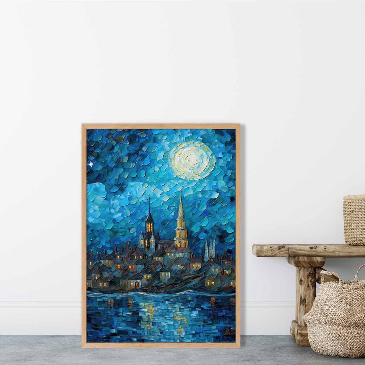 Stadt am See bei Nacht, Spachtelmalerei, Kunstdruck