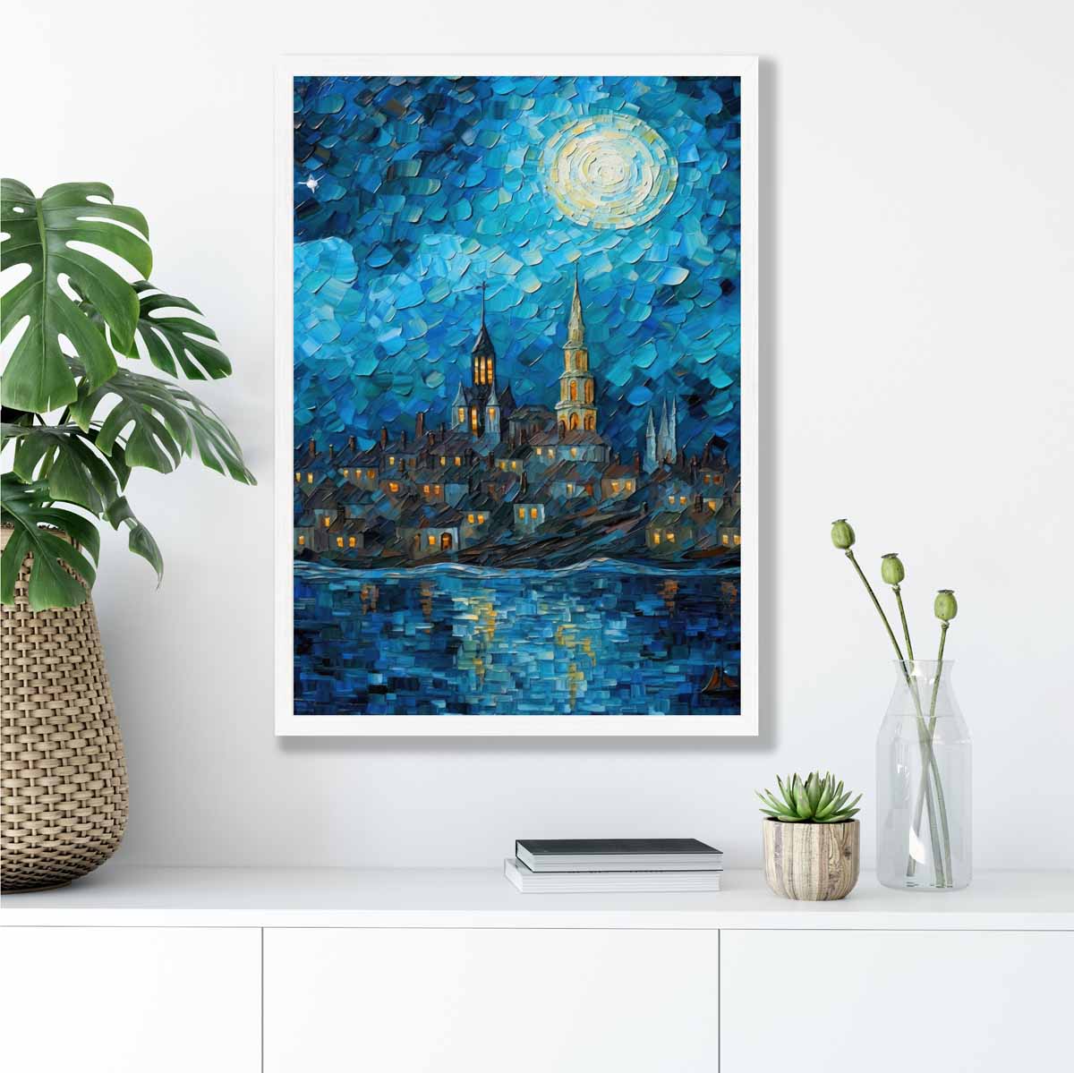Stadt am See bei Nacht, Spachtelmalerei, Kunstdruck