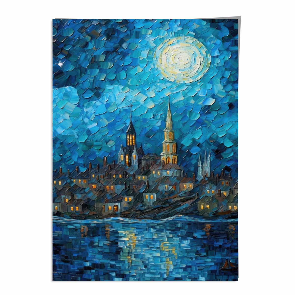 Stadt am See bei Nacht, Spachtelmalerei, Kunstdruck