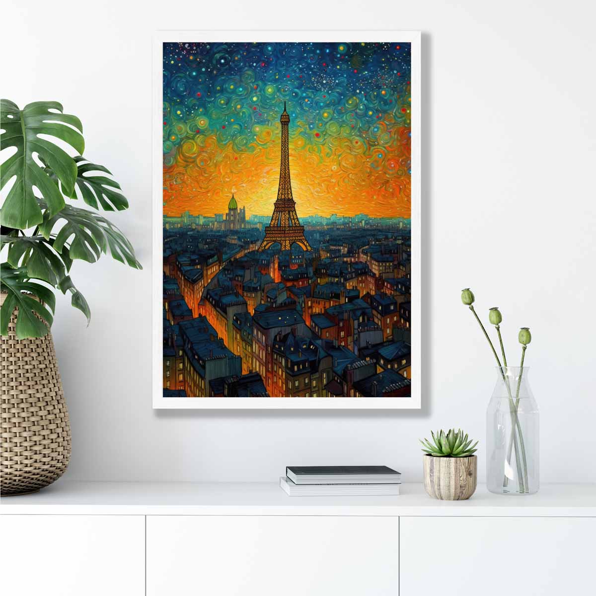 Farbenfroher Kunstdruck eines Gemäldes von Paris bei Sonnenuntergang