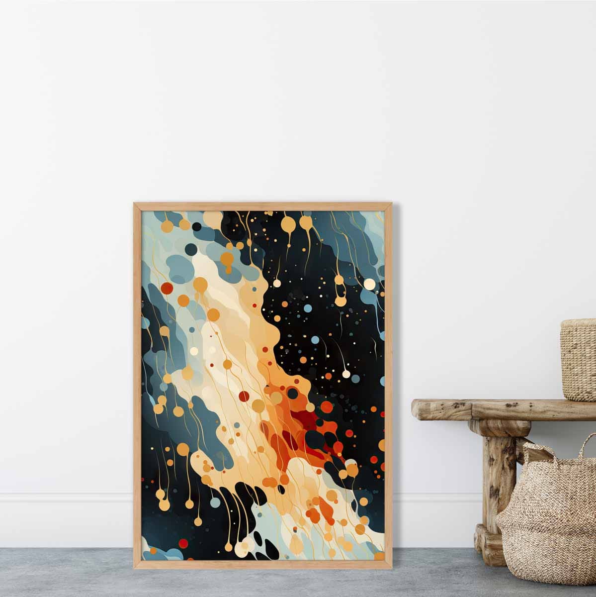 Abstrakter Flüssigkunstdruck Blau, Orange und Rot Nr. 1