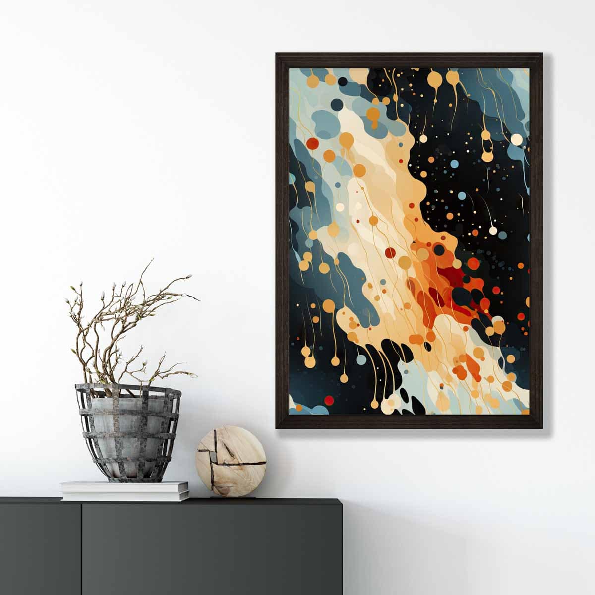 Abstrakter Flüssigkunstdruck Blau, Orange und Rot Nr. 1