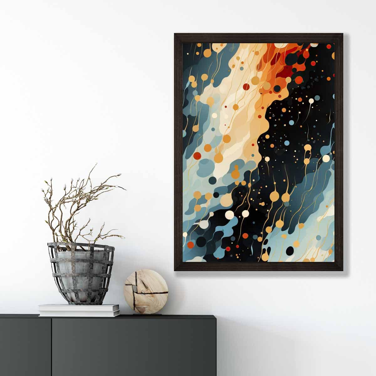 Abstrakter Fluid-Art-Druck Blau, Orange und Rot Nr. 2