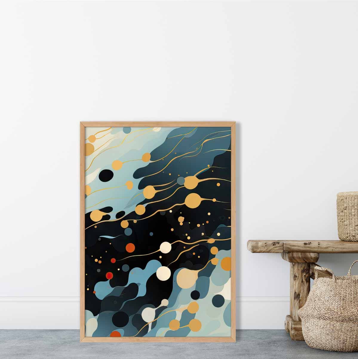 Abstrakter Flüssigkunstdruck Blau, Orange und Rot Nr. 3