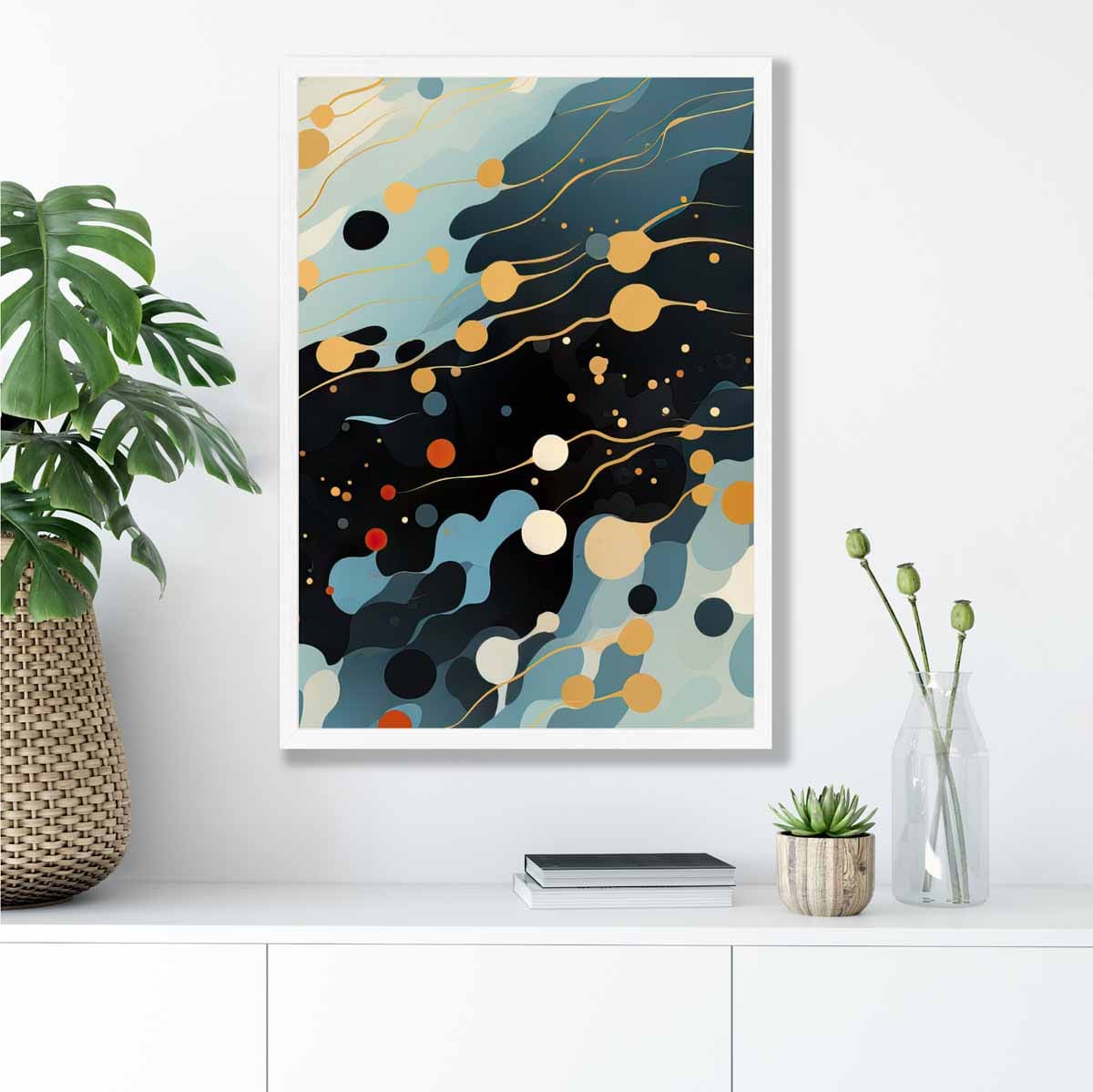 Abstrakter Flüssigkunstdruck Blau, Orange und Rot Nr. 3