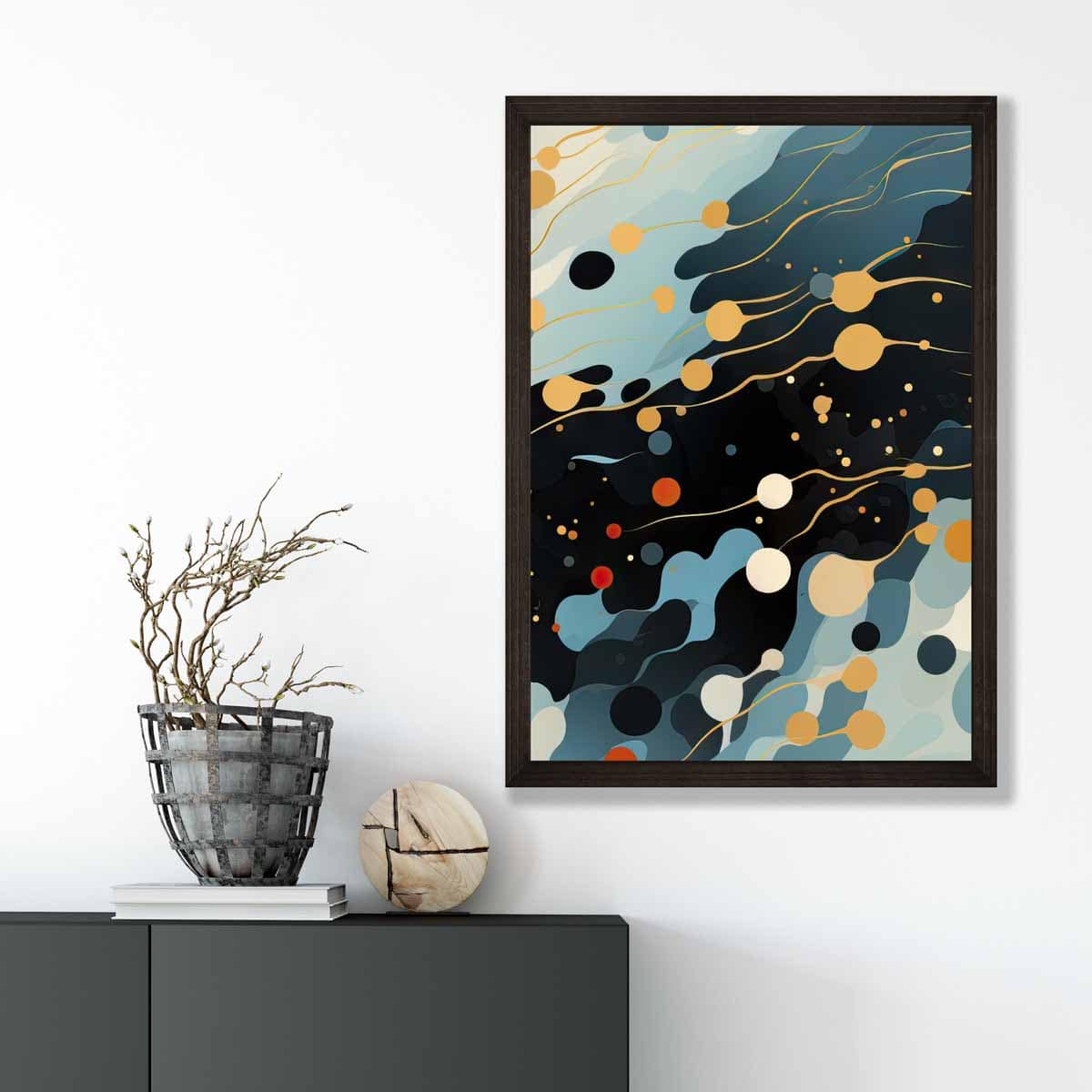 Abstrakter Flüssigkunstdruck Blau, Orange und Rot Nr. 3
