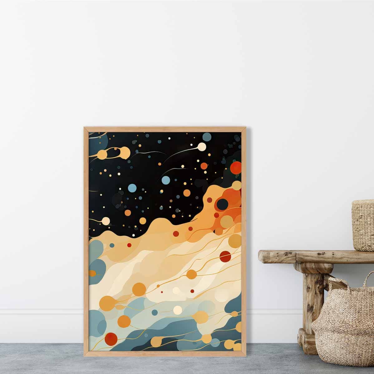 Abstrakter Fluid-Art-Druck Blau, Orange und Rot Nr. 4