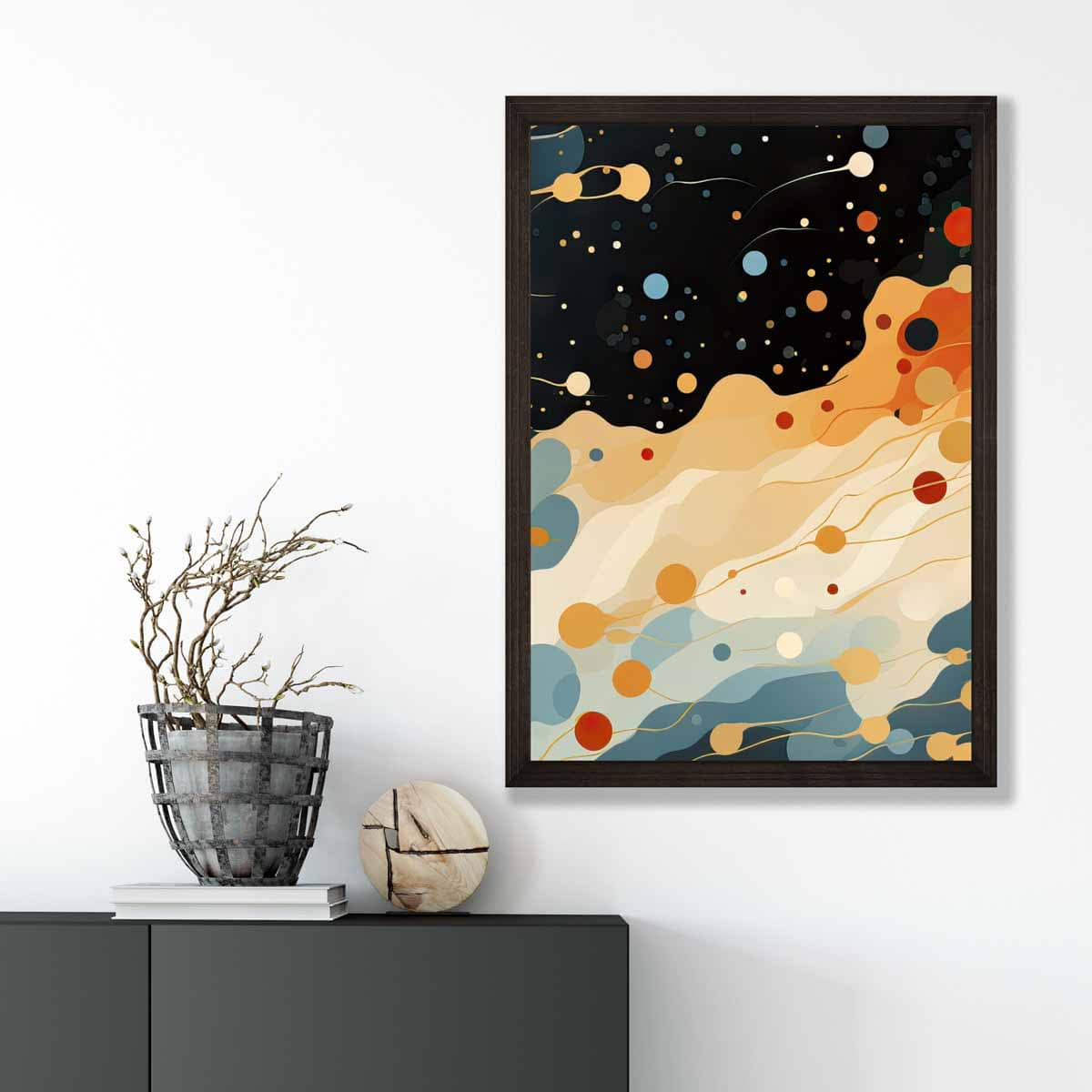Abstrakter Fluid-Art-Druck Blau, Orange und Rot Nr. 4