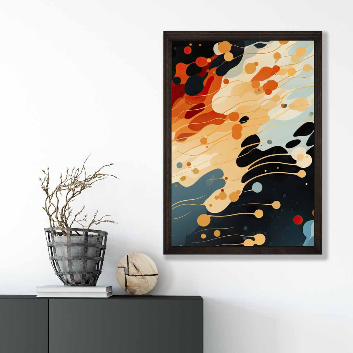 Abstrakter Flüssigkunstdruck Blau, Orange und Rot Nr. 5