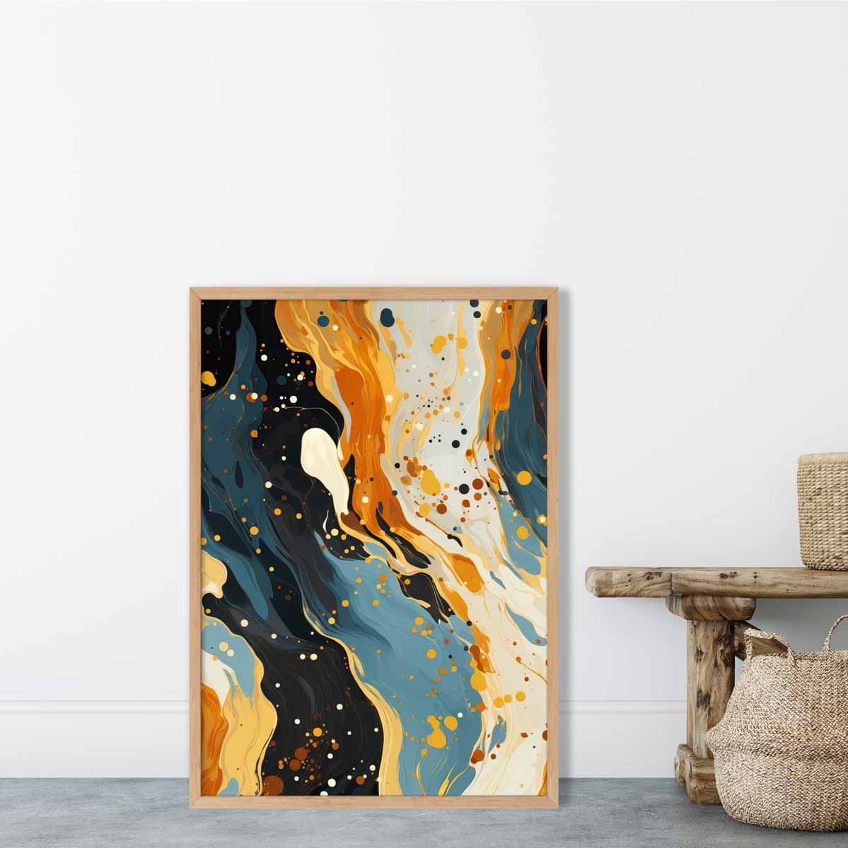 Abstraktes Gemälde, Fluid-Art-Druck, Blau, Orange und Beige Nr. 1