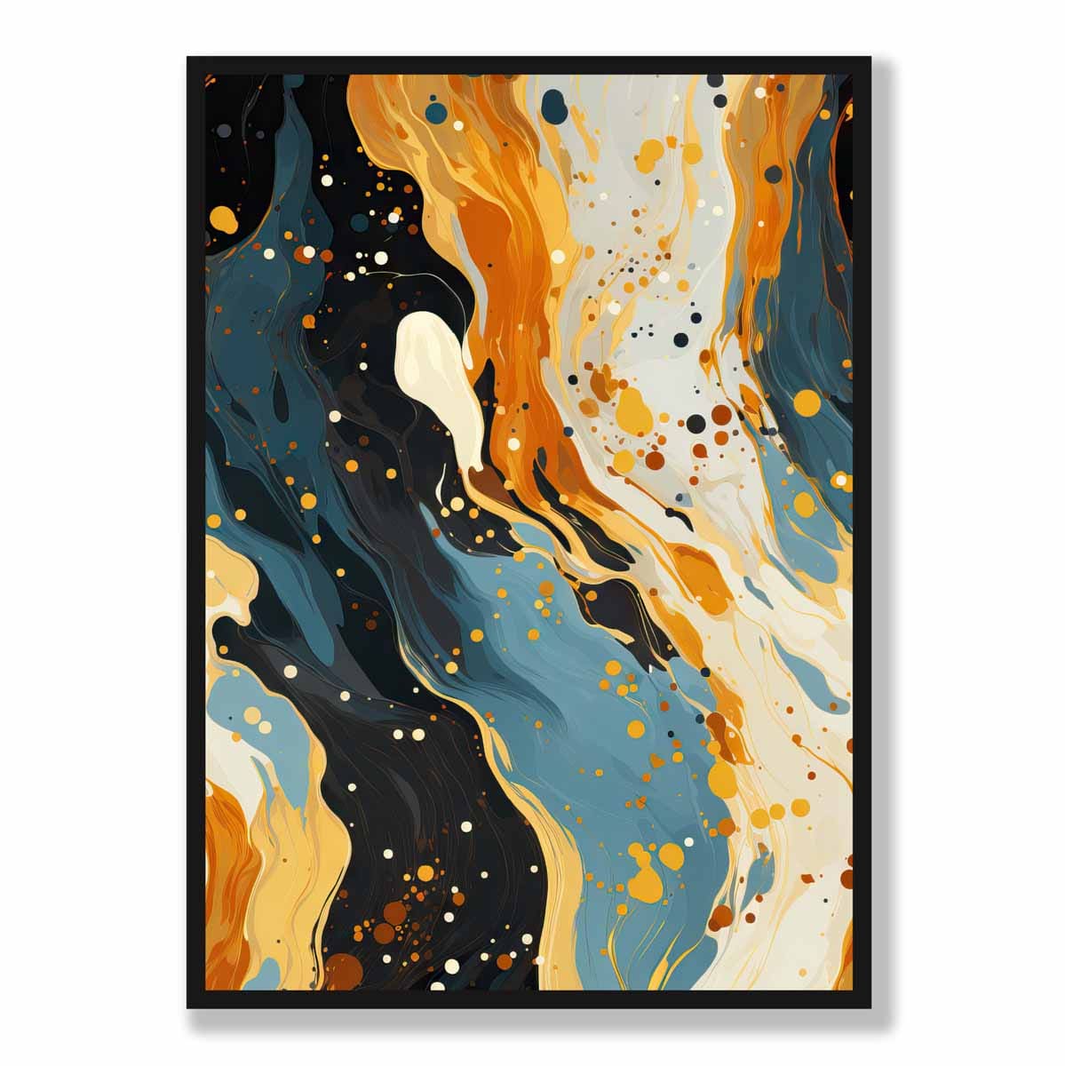 Abstraktes Gemälde, Fluid-Art-Druck, Blau, Orange und Beige Nr. 1