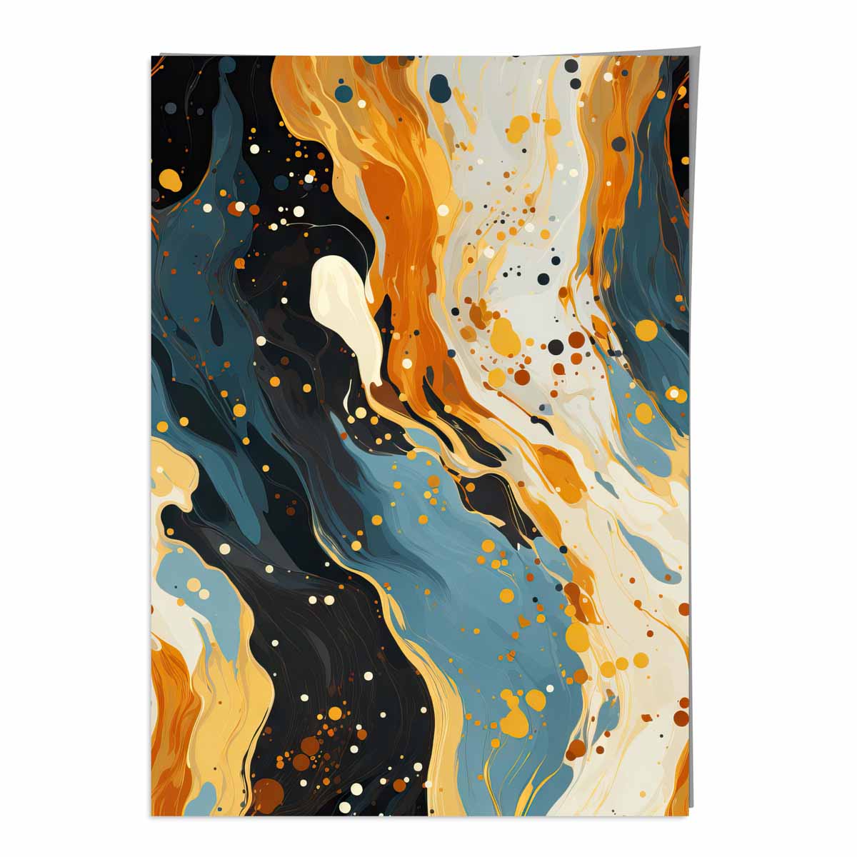 Abstraktes Gemälde, Fluid-Art-Druck, Blau, Orange und Beige Nr. 1
