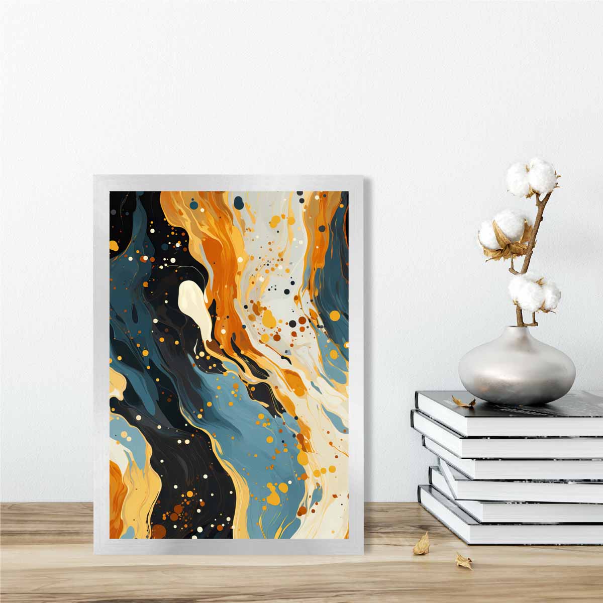 Abstraktes Gemälde, Fluid-Art-Druck, Blau, Orange und Beige Nr. 1