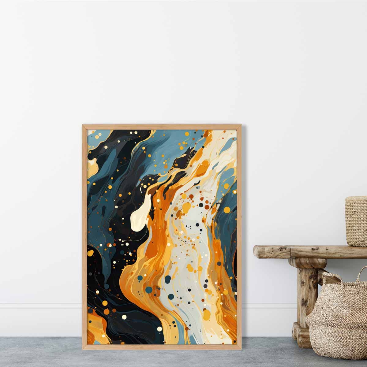 Abstraktes Gemälde, Fluid-Art-Druck, Blau, Orange und Beige Nr. 2
