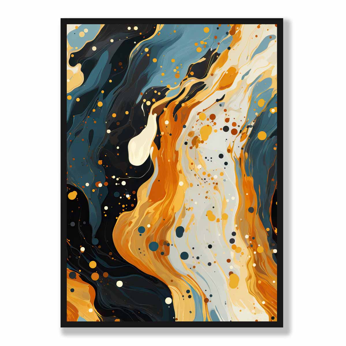 Abstraktes Gemälde, Fluid-Art-Druck, Blau, Orange und Beige Nr. 2