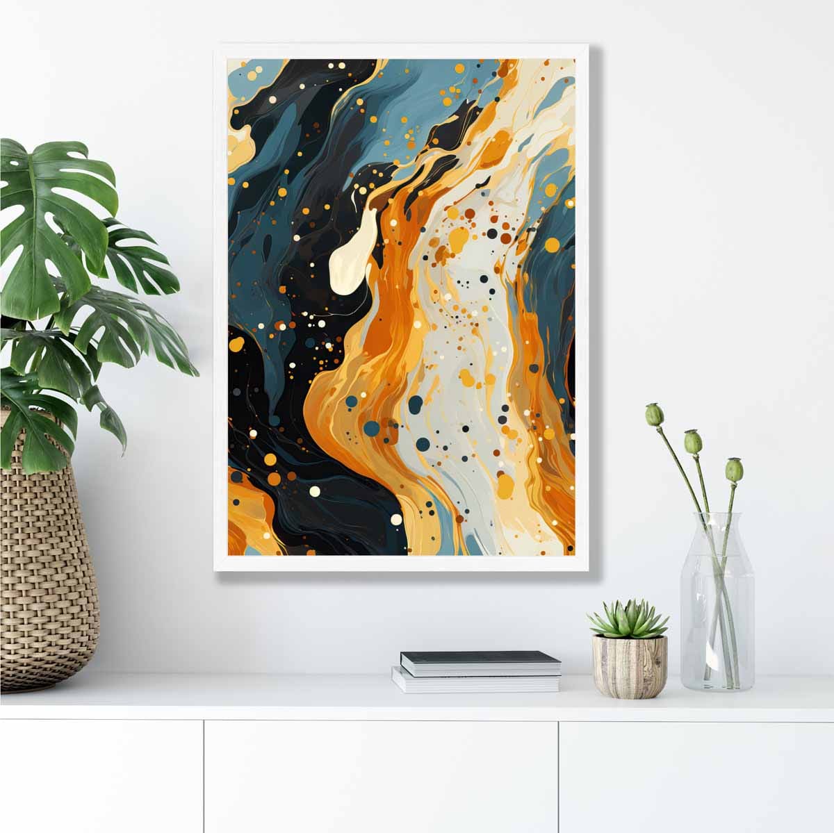 Abstraktes Gemälde, Fluid-Art-Druck, Blau, Orange und Beige Nr. 2