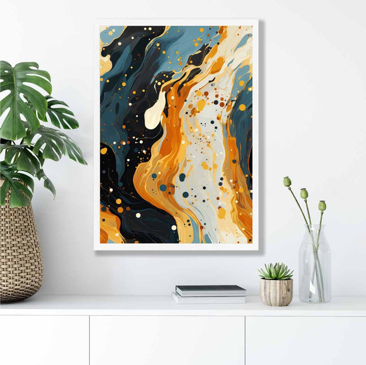 Abstraktes Gemälde, Fluid-Art-Druck, Blau, Orange und Beige Nr. 2