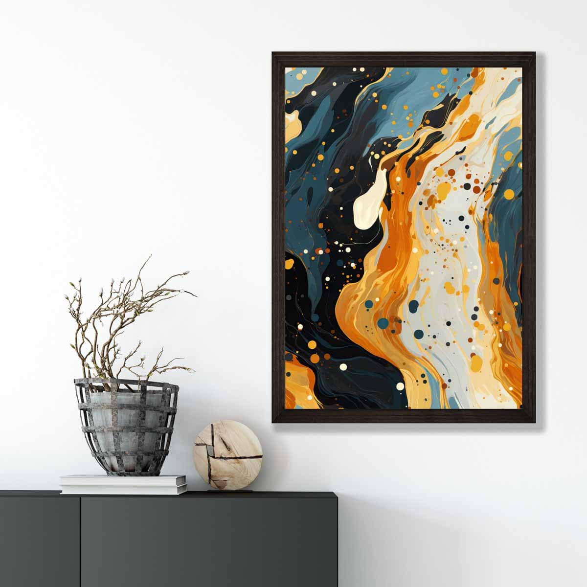 Abstraktes Gemälde, Fluid-Art-Druck, Blau, Orange und Beige Nr. 2