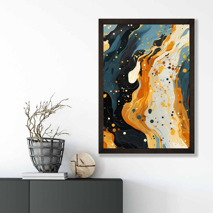Abstraktes Gemälde, Fluid-Art-Druck, Blau, Orange und Beige Nr. 2