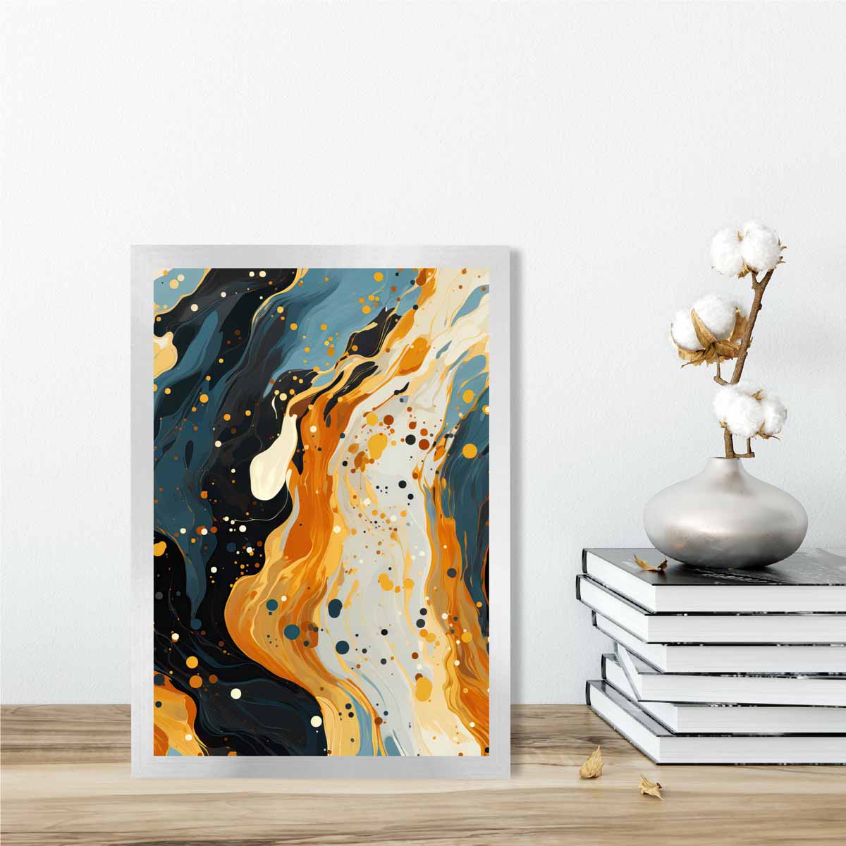 Abstraktes Gemälde, Fluid-Art-Druck, Blau, Orange und Beige Nr. 2