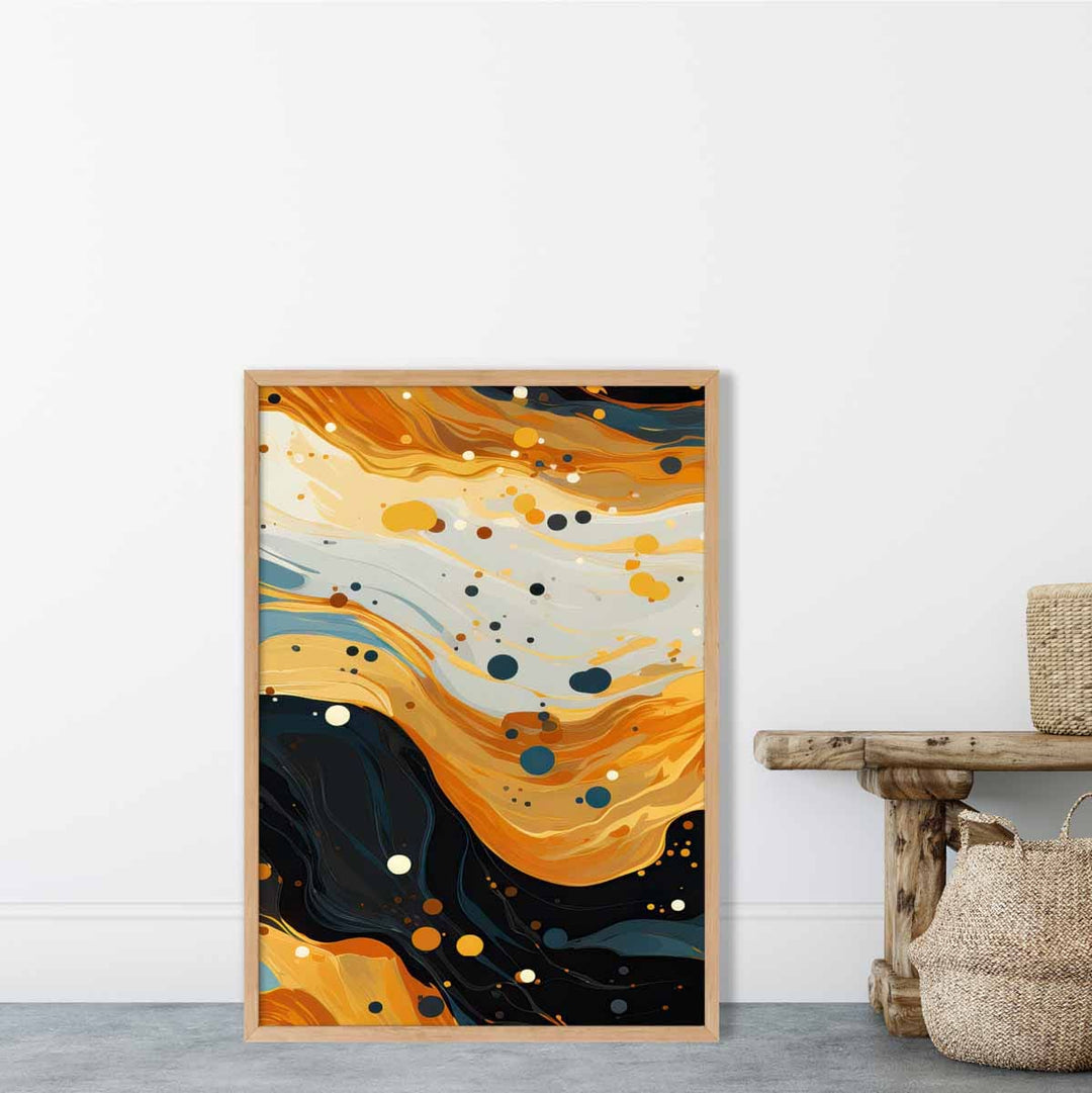 Abstraktes Gemälde, Fluid-Art-Druck, Blau, Orange und Beige Nr. 3