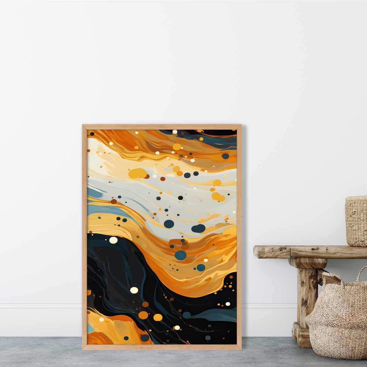 Abstraktes Gemälde, Fluid-Art-Druck, Blau, Orange und Beige Nr. 3