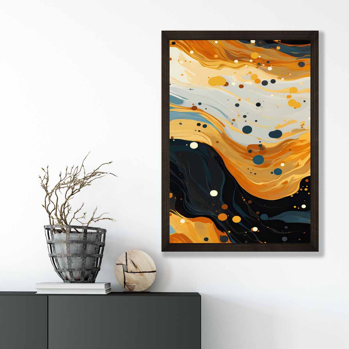 Abstraktes Gemälde, Fluid-Art-Druck, Blau, Orange und Beige Nr. 3