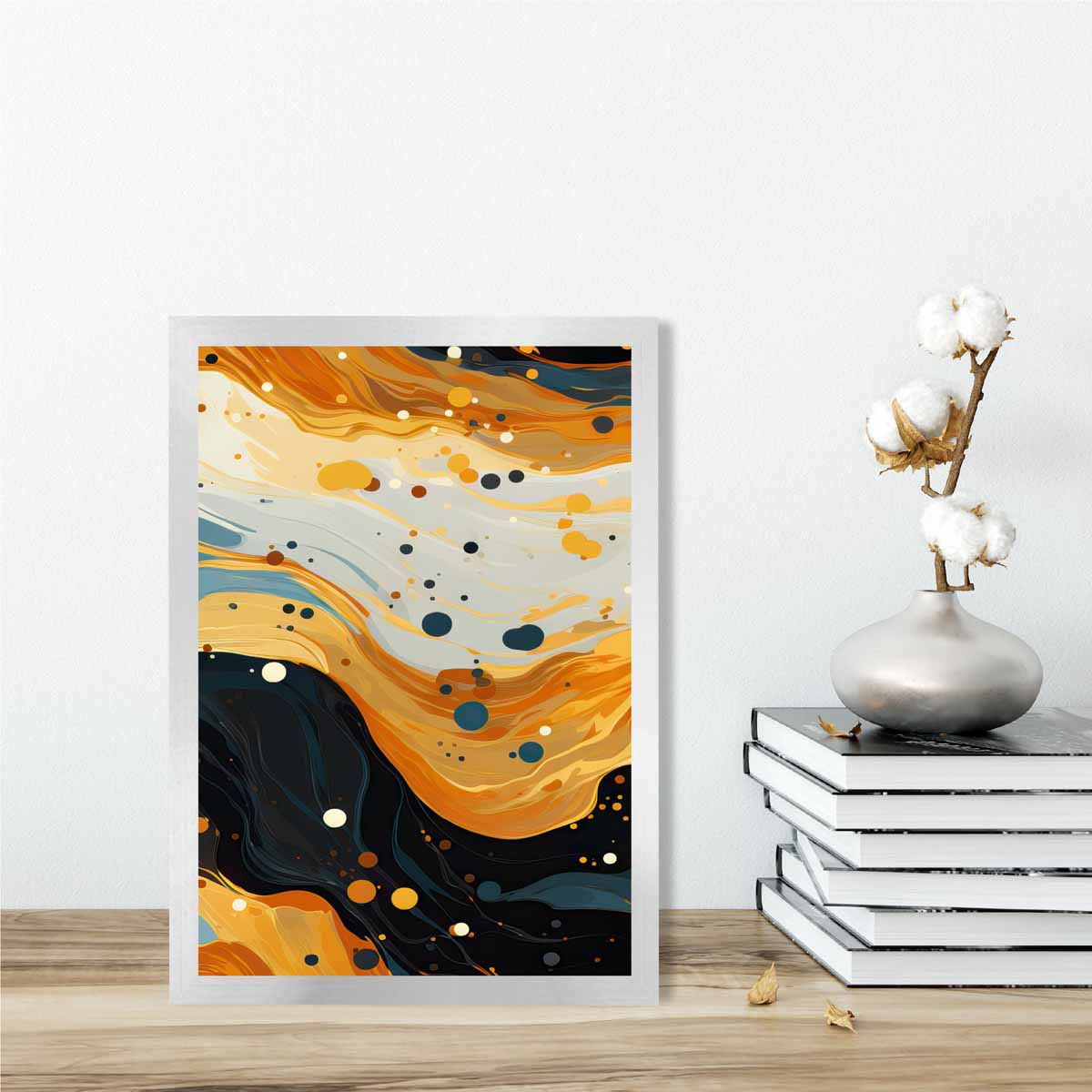 Abstraktes Gemälde, Fluid-Art-Druck, Blau, Orange und Beige Nr. 3