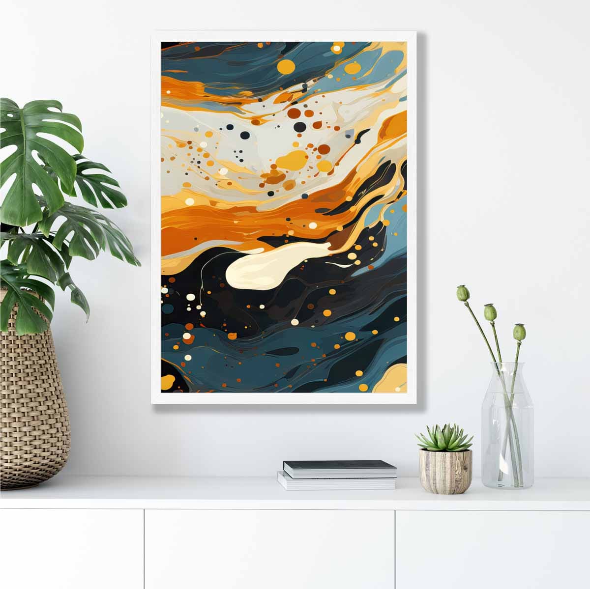 Abstraktes Gemälde, Flüssigkunstdruck, Blau, Orange und Beige Nr. 4