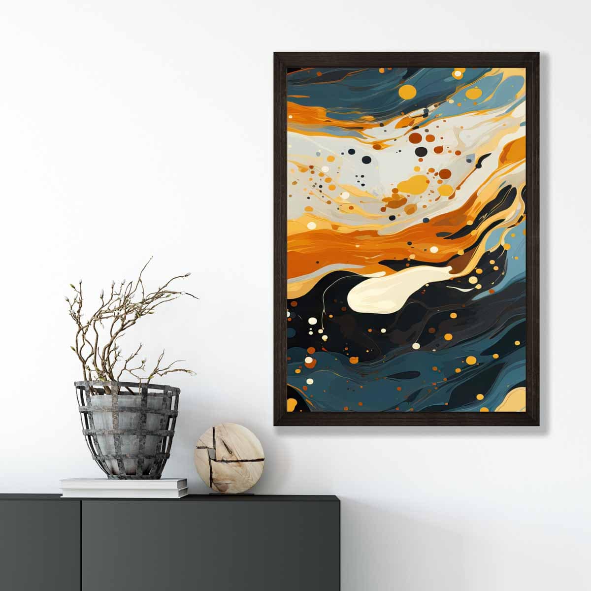 Abstraktes Gemälde, Flüssigkunstdruck, Blau, Orange und Beige Nr. 4