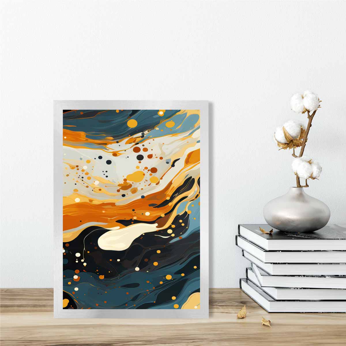 Abstraktes Gemälde, Flüssigkunstdruck, Blau, Orange und Beige Nr. 4