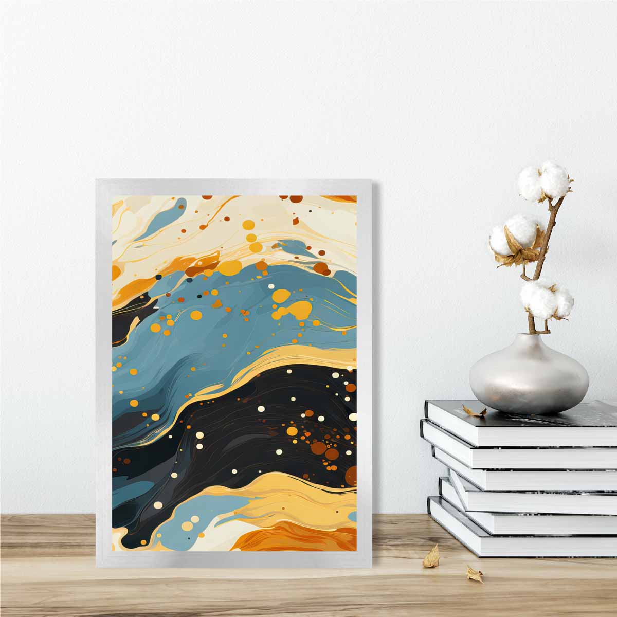Abstraktes Gemälde, Fluid-Art-Druck, Blau, Orange und Beige Nr. 5