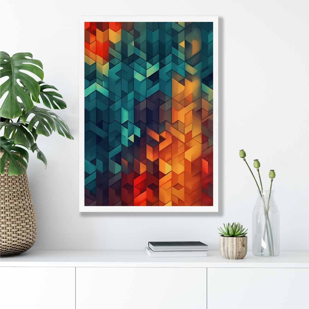 Abstrakter Kunstdruck geometrischer Formen, Blau, Orange und Rot Nr. 1